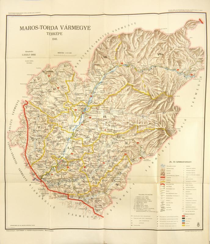 1941 Maros-Torda vármegye közigazgatási térképe. László Imre tanár. 87x100 cm
