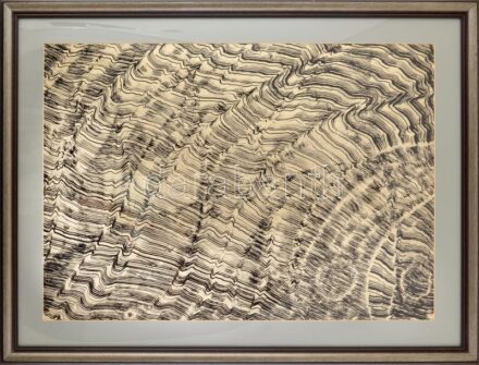 Gyarmathy Tihamér (1915-2005): Rétegződés, 1966. Tus, papír. Jelezve balra lent: Gyarmathy 966. Hátoldalán R 66/48 életmű katalógusszámmal. 60×85 cm. Üvegezett fakeretben. / ink on paper, signed lower left, with oeuvre catalogue no. R