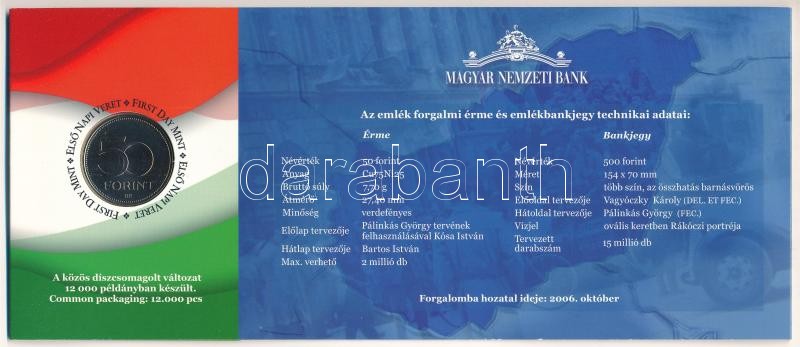 2006. 50Ft Cu-Ni '1956-os forradalom' első napi veret + 500Ft alacsony sorszámú 'EB 0010317' bankjegy '1956-os forradalom' díszcsomagolásban T:1,I - Image 3