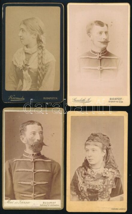 cca 1880 4 db keményhátú portré budapesti és kecskeméti műtermekből (Kozmata, Goszleth, Csókás László, Mai és Társa), 10,5×6,5 cm