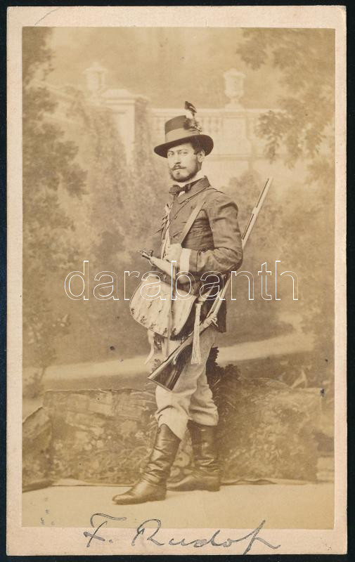 cca 1860 Ferenc Rudolf vadászként, vizitkártya / hunter cdv