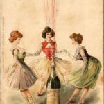1902 Boldog új évet! Hölgyek körbetáncolnak egy pezsgős üveget / New Year greeting, ladies dancing around a champagne bottle. Erika Nr. 682. litho (Rb)