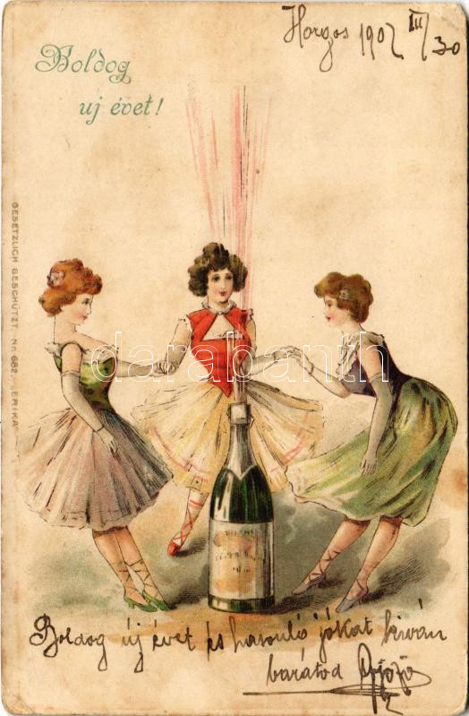 1902 Boldog új évet! Hölgyek körbetáncolnak egy pezsgős üveget / New Year greeting, ladies dancing around a champagne bottle. Erika Nr. 682. litho (Rb)