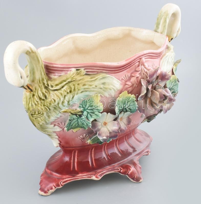 Antik fajansz virágtartó, hattyús motívumokkal, lepattanásokkal, m: 24cm - Image 2