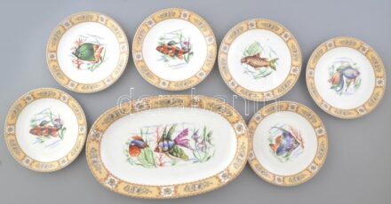 Német halas porcelán készlet, jelzett, hibátlan, d: 19-37 cm