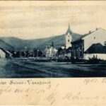 1903 Szinérváralja, Szinér-Váralja, Seini; Fő tér, templom. Boér Károly kiadása / main square, church + 'NAGY-BÁNYA - SZATMÁR 111. SZ.' vasúti mozgóposta bélyegző (EB)