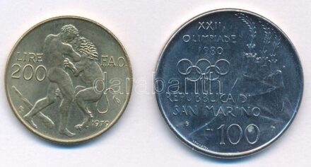 San Marino 1979. 200L Al-bronz 'FAO' + 1980. 100L rozsdamentes acél 'Moszkvai Olimpia 1980 - Íjászat' T:1-,2 San Marino 1979. 200 Lire Al-bronze 'FAO' + 1980. 100 Lire Stainless Steel '1980 Olympics, Moscow - Archery' C:AU,XF Krause KM#96,