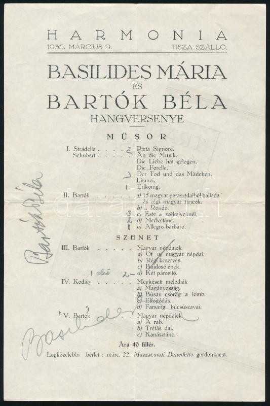 1935 Basilides Mária és Bartók Béla hangversenyének meghívója és műsora Bartók és Basilides autográf aláírásával / Autograph signed concert flyer