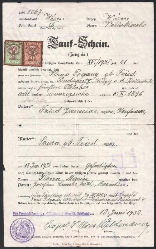 1938 Keresztelési anyakönyvi kivonat, német nyelvű, illetékbélyegekkel
