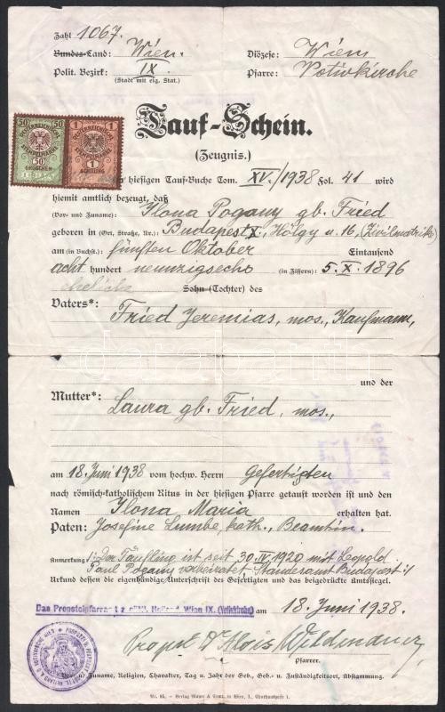 1938 Keresztelési anyakönyvi kivonat, német nyelvű, illetékbélyegekkel - Image 2