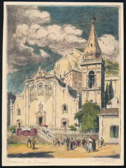 Bajor Ágost (1892-1958): Taormina, San Giuseppe. Színezett rézkarc, papír, jelzett, 17×12,5 cm