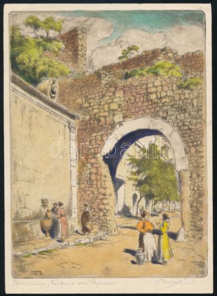 Bajor Ágost (1892-1958): Taormina, Fontana dei cappuccini. Színezett rézkarc, papír, jelzett, 17,5×13 cm