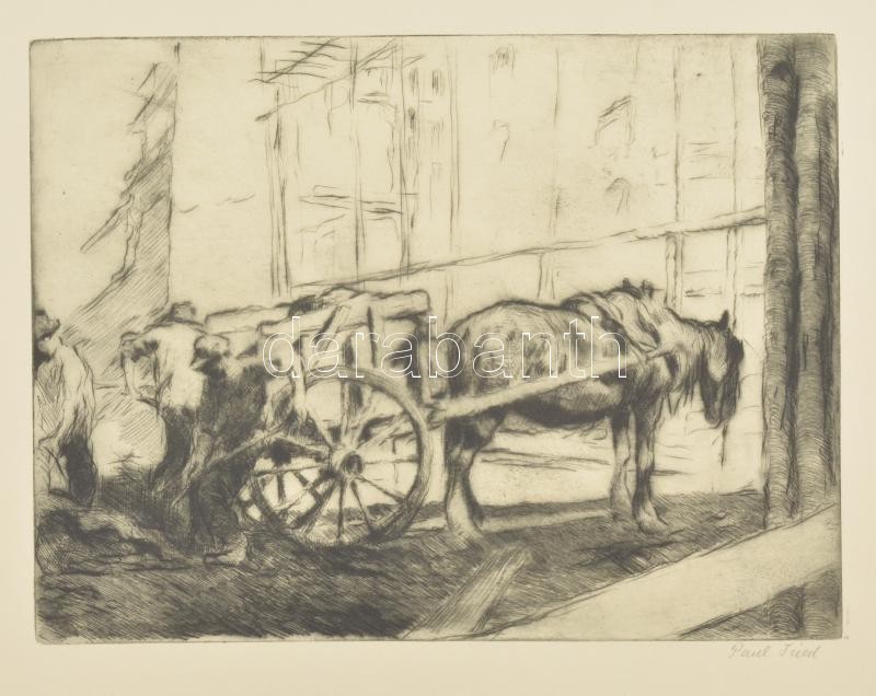 Fried Pál (1893-1976): Lovaskocsi. Rézkarc, papír, jelezve jobbra lent, 24,5×32,5 cm. Ritka, gyűjtői darab, feltehetően a művész amerikai korszakából.