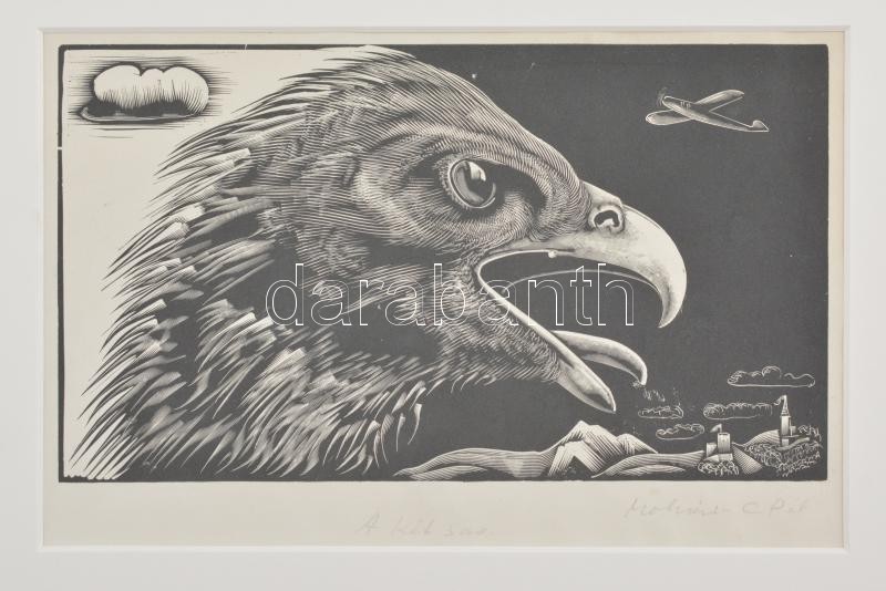 Molnár C. Pál (1894-1981): Két sas. Fametszet, papír, jelzett, paszpartuban, 14×25 cm