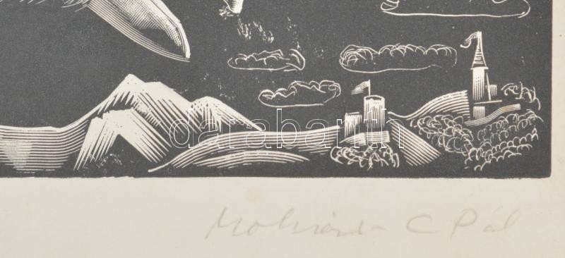 Molnár C. Pál (1894-1981): Két sas. Fametszet, papír, jelzett, paszpartuban, 14×25 cm - Image 2