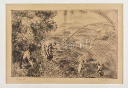 Aszódi Weil Erzsébet (1901-1976): Dunánál (Horgászok). Rézkarc papír, jelzett, paszpartuban, 18,5×29 cm