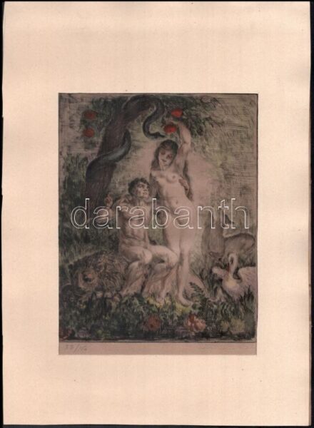 Prihoda István (1891-1965): Ádám és Éva. Színezett rézkarc, papír, jelzett, számozott (33/150), paszpartuban, lap széle sérült, hátoldala kissé foltos, 22×19 cm