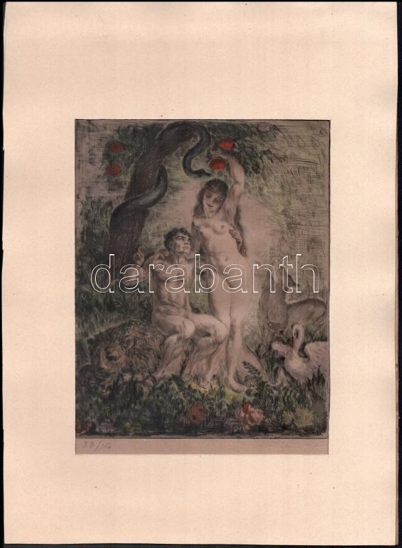 Prihoda István (1891-1965): Ádám és Éva. Színezett rézkarc, papír, jelzett, számozott (33/150), paszpartuban, lap széle sérült, hátoldala kissé foltos, 22×19 cm