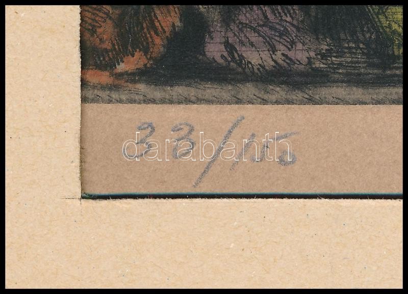 Prihoda István (1891-1965): Ádám és Éva. Színezett rézkarc, papír, jelzett, számozott (33/150), paszpartuban, lap széle sérült, hátoldala kissé foltos, 22×19 cm - Image 2