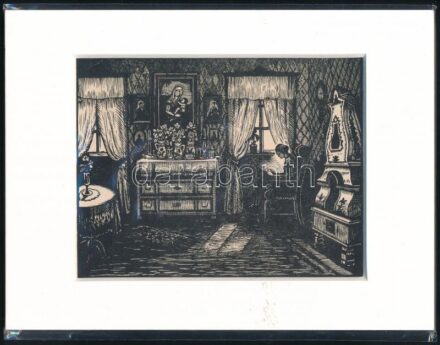 Conrad Gyula (1877-1959): Enteriőr. Fametszet, papír, jelzés nélkül. Paszpartuban. 12x16 cm.