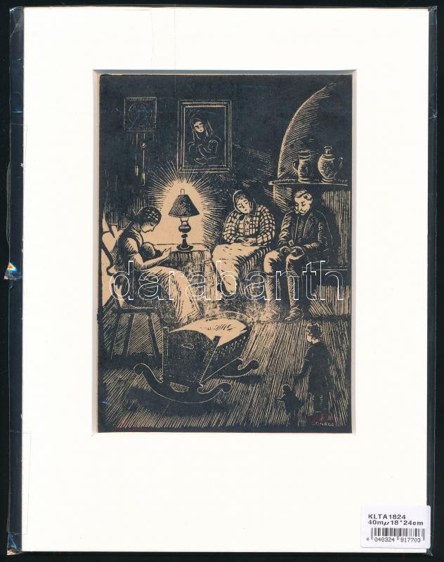 Conrad Gyula (1877-1959): Parasztcsalád. Fametszet, papír, jelzett a metszeten. Paszpartuban. 16x11 cm.