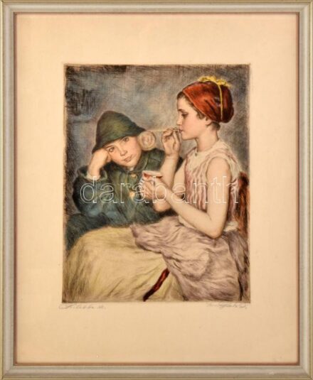 Glatz Oszkár(1872-1958)-Prihoda István(1891-1956): Buborékfújók. Színes rézkarc, papír, jelzett: Glatz Oszkár és Prihoda István. Üvegezett keretben, 35×27 cm