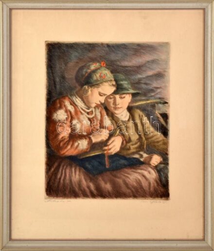 Glatz Oszkár(1872-1958)-Prihoda István(1891-1956): Betűvetés. Színes rézkarc, papír, jelzett: Glatz Oszkár és Prihoda István. Üvegezett keretben, 35×26,5 cm