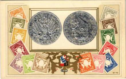 5 Márka - Német pénzérme és bélyegek. Dombornyomott / Fünf Mark - German coins and stamps. No. 42. Art Nouveau, embossed litho
