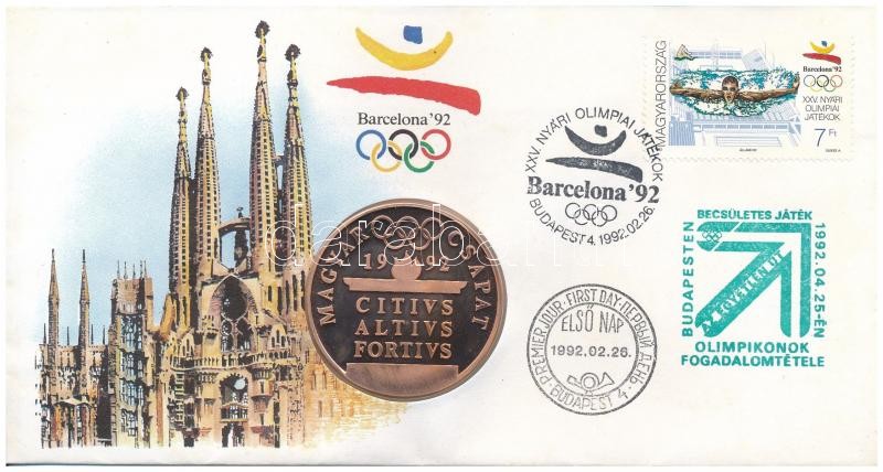 1992. Papp László (1947-) 'Barcelonai Olimpia- Magyar Csapat' bronz emlékérem érmés borítékban, bélyeggel, első napi és alkalmi bélyegzéssel (42,5mm) T:1