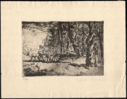 Magyar Mannheimer Gusztáv (1859-1937) - Prihoda István (1891-1956): Ökröskocsi. Rézkarc, papír, jelzett: Magyar Mannheimer Gusztáv. Lapszéli apró sérüléssel. 15×22,5 cm
