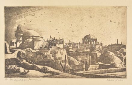 Zádor István (1882-1963): Jeruzsálemi zsinagógák (Die Synagogen Jerusalems), 1927. Rézkarc, papír, jelzett, 14,5×24,5 cm