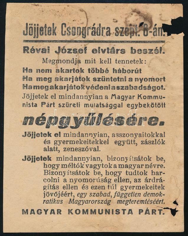 cca 1945 Jöjjetek Csongrádra népgyűlésre, röplap, sérült