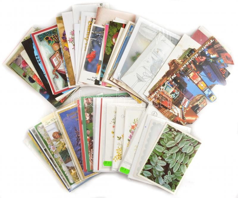 Egy doboz MODERN üdvözlő képeslap dobozban: sok bontatlan csomagolású üdvözlőlap / A box of modern greeting motive postcards in a box: many in unopened packaging