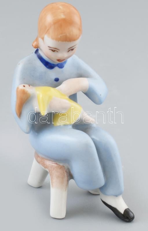 Drasche kislány a babájával, kézzel festett, jelzett, hibátlan, m:8 cm