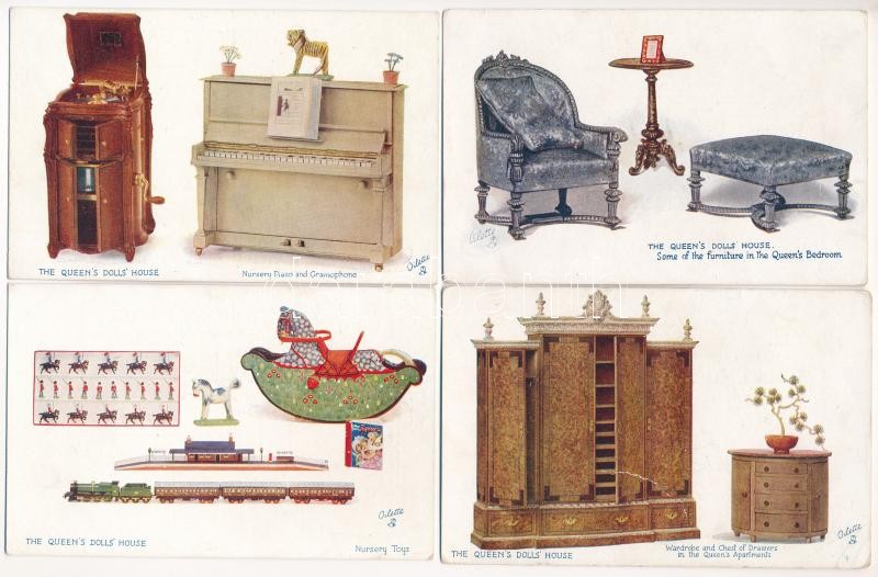 The Queen's Doll House. Raphael Tuck & Sons Oilette The Queen's Doll House Series - 4 db régi képeslap / 4 pre-1945 postcards