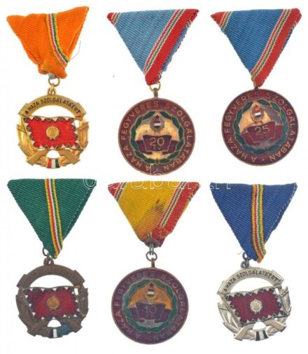 1964. 'A Haza Szolgálatáért Érdemérem' arany, ezüst és bronz fokozat 3xklf zománcozott aranyozott, ezüstözött és bronz kitüntetés + 1965. 'Szolgálati Érdemérem - A Haza Fegyveres Szolgálatában 10, 20, 25 év' (3xklf) zománcozott