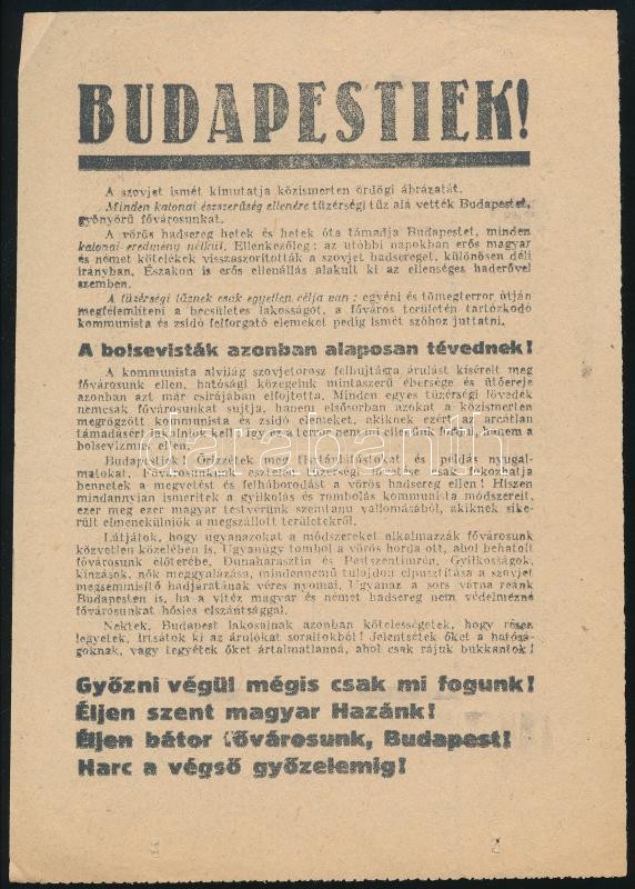 1944 'Budapestiek!' bolsevisták elleni röplap