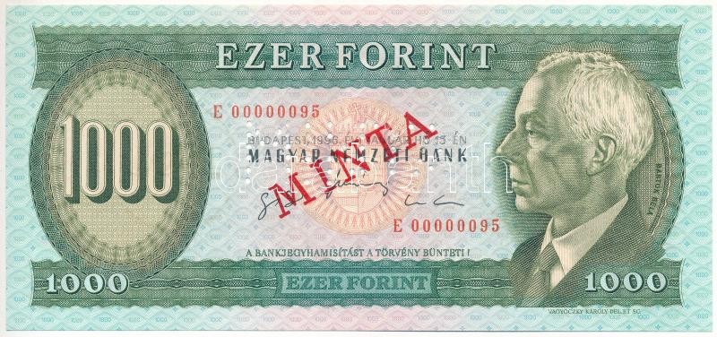1996. 1000Ft 'E 00000095' sorszámmal, piros 'MINTA' felülnyomással és perforációval T:I / Hungary 1996. 1000 Forint with 'E 00000095' serial number and with red 'MINTA' (SPECIMEN) overprint and perforation C:UNC Adamo F48M
