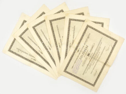 Budapest 1922. 'Vasúti Tisztviselők Kmetty-utczai Házszövetkezete' névre szóló üzletrész 100K-ról (5x) sorszámkövetők '913-918', felülbélyegzésekkel T:II-III / Hungary / Budapest 1922. 'Vasúti Tisztviselők Kmetty-utczai