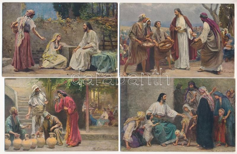 6 db régi vallás tematikájú motívumlap, Újszövetség jelenetei / 6 pre-1945 religion-themed motive cards, New Testament scenes