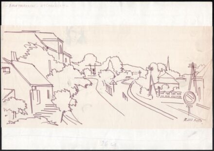 Kiss Attila (1941-): Balatonrendes, utcarészlet. Filctoll, papír, jelzett, papírra kasírozva, 15x30,5cm