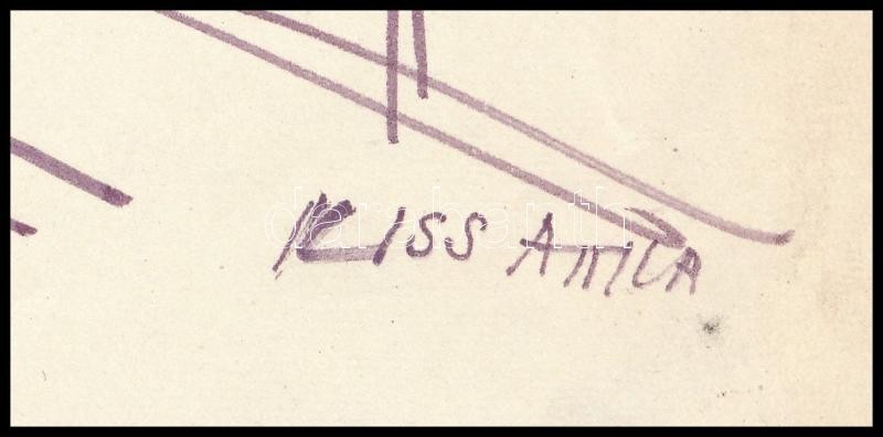 Kiss Attila (1941-): Balatonrendes, utcarészlet. Filctoll, papír, jelzett, papírra kasírozva, 15x30,5cm - Image 2