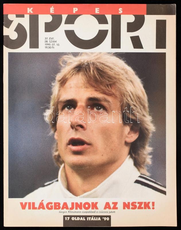 1990 Képes Sport 37. évf. 28. sz., a címlapon Jürgen Klinsmann német labdarúgó az 1990-es VB-győztes NSZK csapatából (ez volt az NSZK 3. világbajnoki címe, egyben az utolsó alkalom hogy az NDK-val külön indultak). Fekete-fehér és