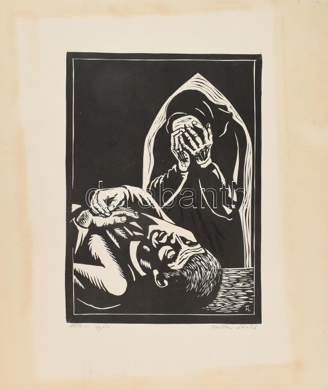 Heitler László (1937-2016): 1919-Gyász. Fametszet, papír, jelzett, lapszéli apró sérülésekkel, 32x23 cm