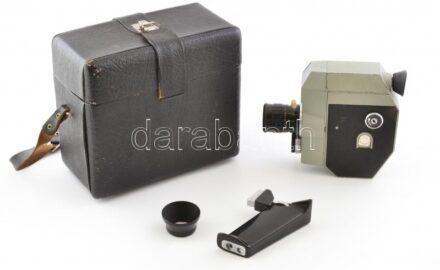Quarz 5 8mm szovjet filmfelvevő, kézi kamera, Meteor 2-3 2,4/9-36mm objektívvel, eredeti hordozótáskában. Gyártó: KMZ (Krasznogorszki Mechanikai Művek). Felületén kisebb kopásnyomok, kipróbálva, átvizsgálva nem volt. Táska mérete: