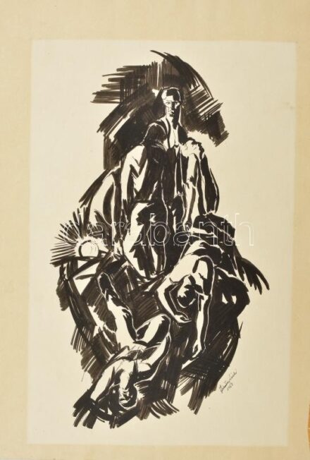 Szelestey László (1939-1991): Jelenet, 1968. Tus, papír, jelzett. Lap széle kissé sérült. 35x21 cm