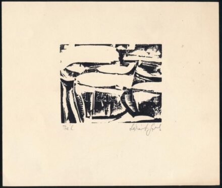 Lóránt János Demeter (1938-): Tél. Linómetszet, papír, jelzett, 8×10 cm