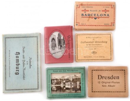 cca 1920-1940 6 db különféle külföldi városképes leporelló és fotóalbum, eredeti csomagolásban