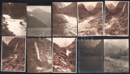 cca 1920-1930 Hegyi túrák felvételei (Tátra, Kárpátok, Alpok?), köztük két városkép is, 19 db fotó ill. körbevágott fotólap, 8x6 cm és 12x8 cm közötti méretben