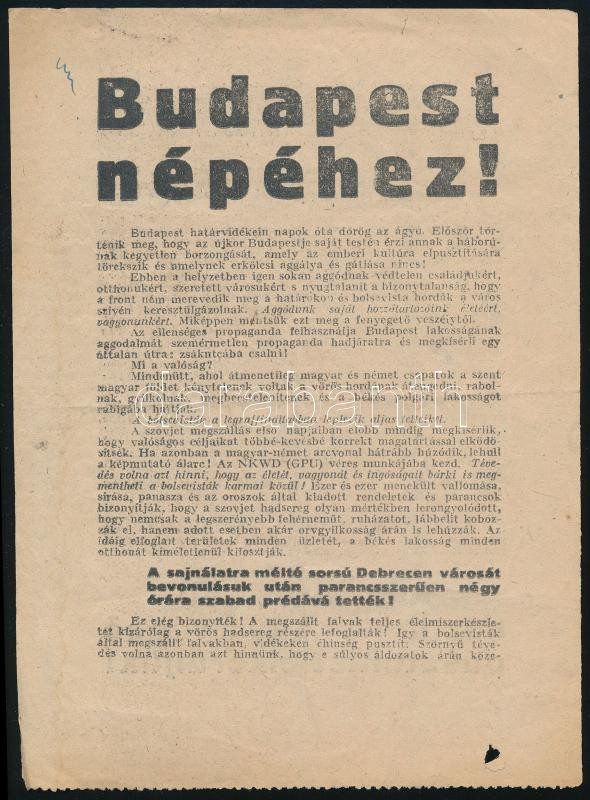 1944 'Budapest népéhez!' szélsőjobb röplap